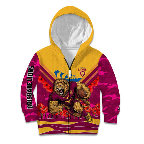 Personalised Brisbane Lions ANZAC Kid Hoodie Military Remembrance Australian Football Mascot Camouflage