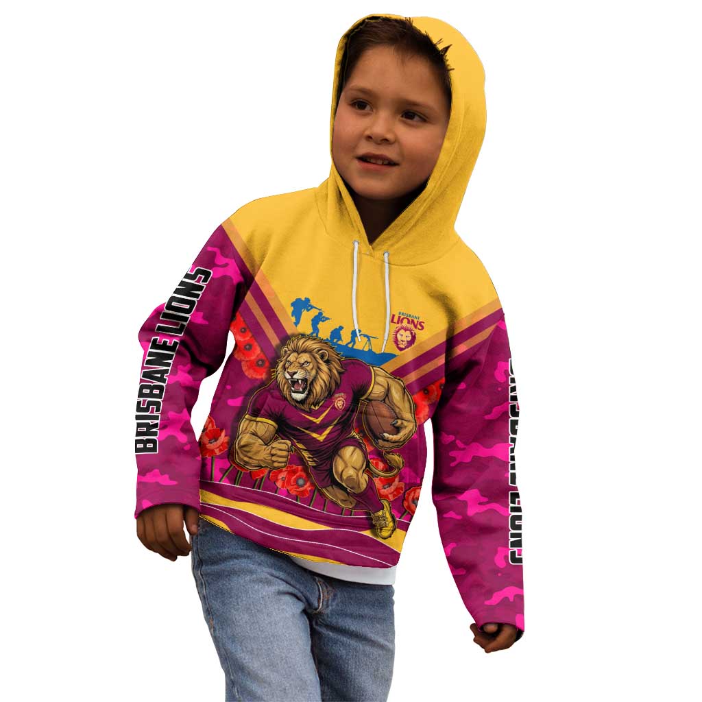 Personalised Brisbane Lions ANZAC Kid Hoodie Military Remembrance Australian Football Mascot Camouflage