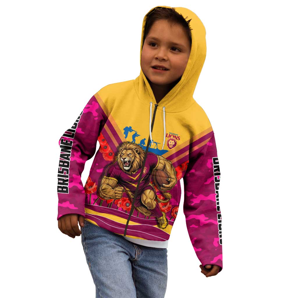 Personalised Brisbane Lions ANZAC Kid Hoodie Military Remembrance Australian Football Mascot Camouflage