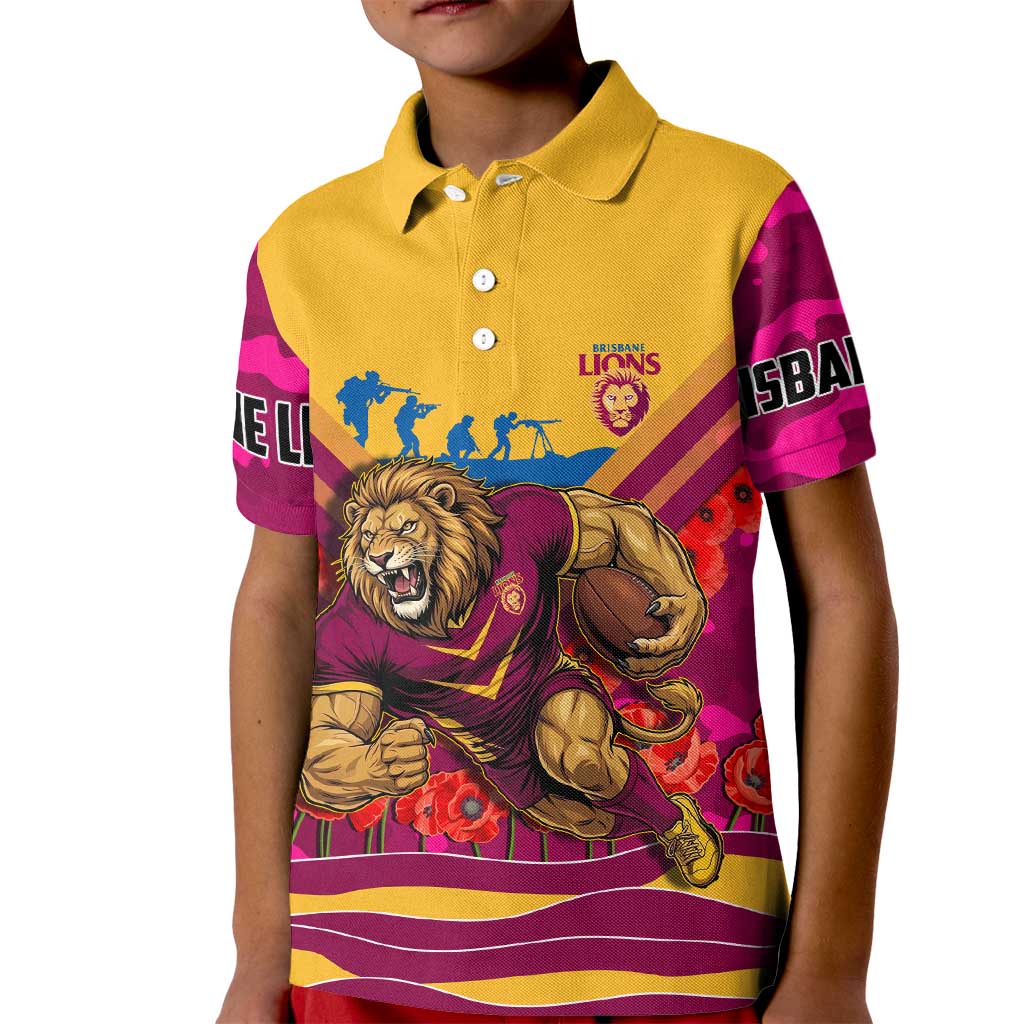 Personalised Brisbane Lions ANZAC Kid Polo Shirt Military Remembrance Australian Football Mascot Camouflage