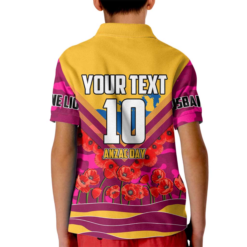 Personalised Brisbane Lions ANZAC Kid Polo Shirt Military Remembrance Australian Football Mascot Camouflage