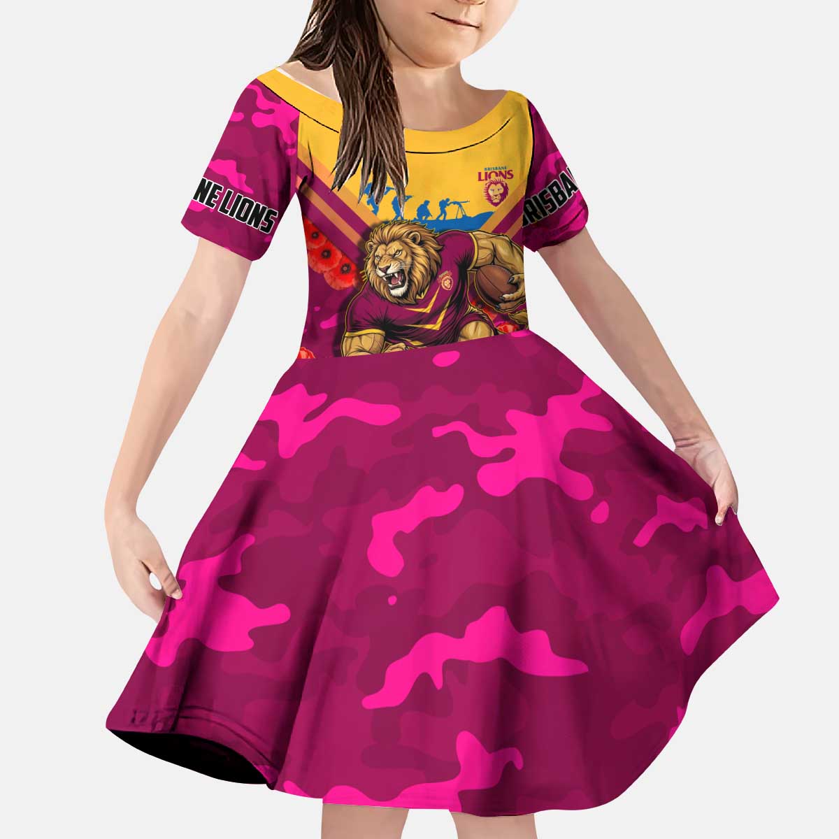 Personalised Brisbane Lions ANZAC Kid Short Sleeve Dress Military Remembrance Australian Football Mascot Camouflage