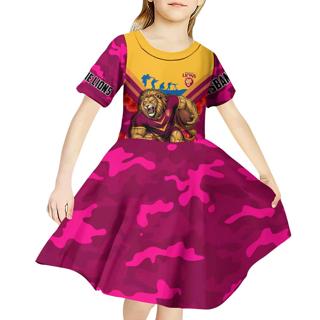 Personalised Brisbane Lions ANZAC Kid Short Sleeve Dress Military Remembrance Australian Football Mascot Camouflage