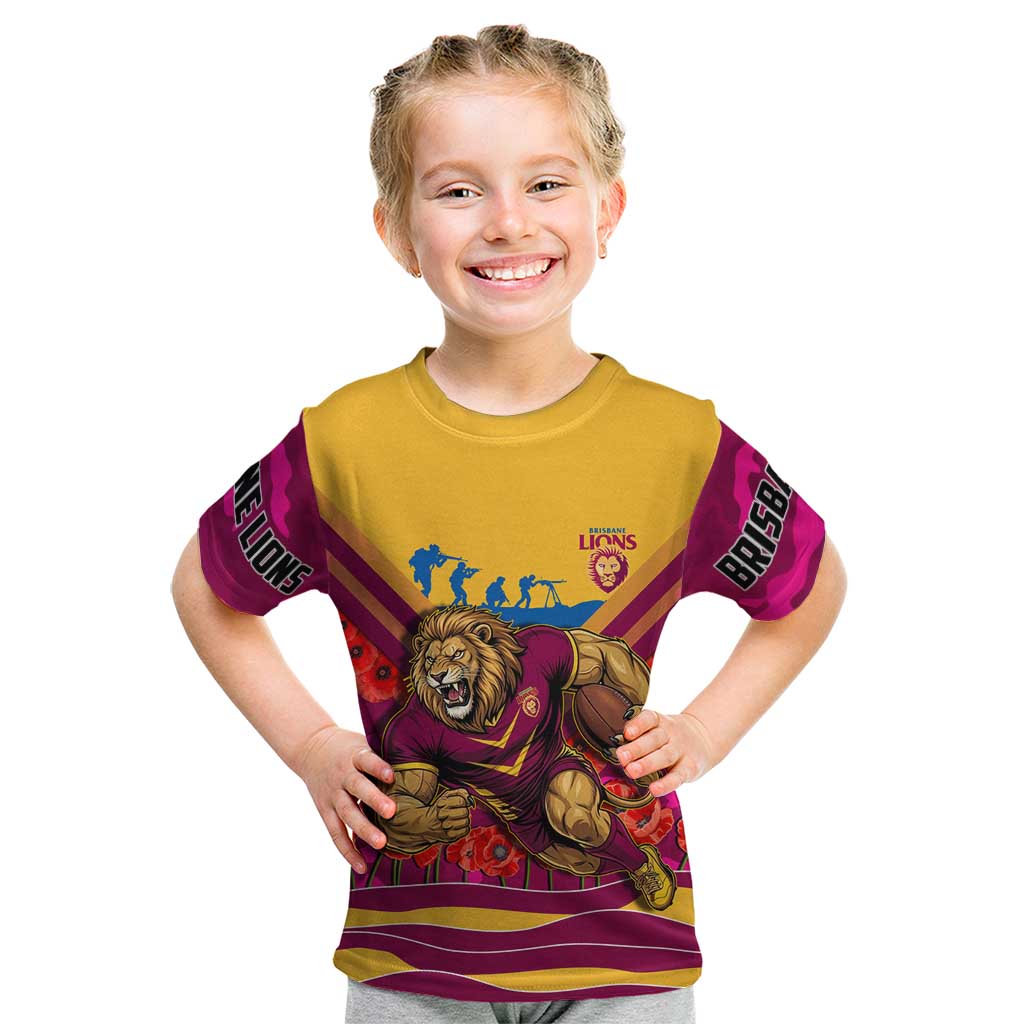 Personalised Brisbane Lions ANZAC Kid T Shirt Military Remembrance Australian Football Mascot Camouflage