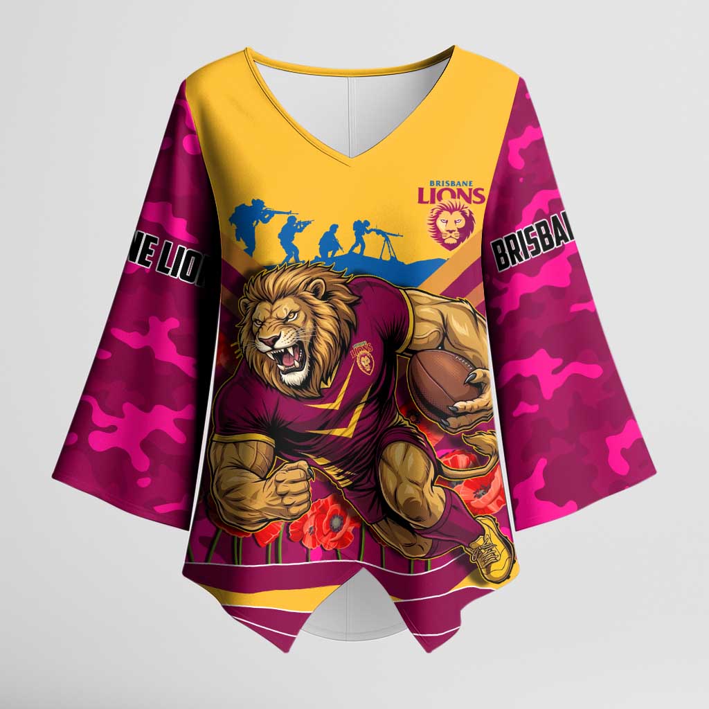 Personalised Brisbane Lions ANZAC Kimono Sleeve Blouse Military Remembrance Australian Football Mascot Camouflage
