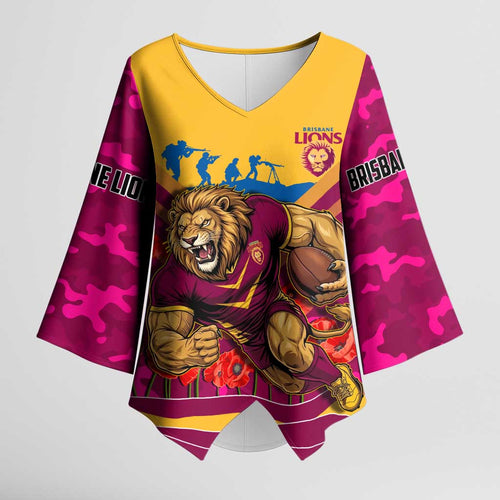 Personalised Brisbane Lions ANZAC Kimono Sleeve Blouse Military Remembrance Australian Football Mascot Camouflage