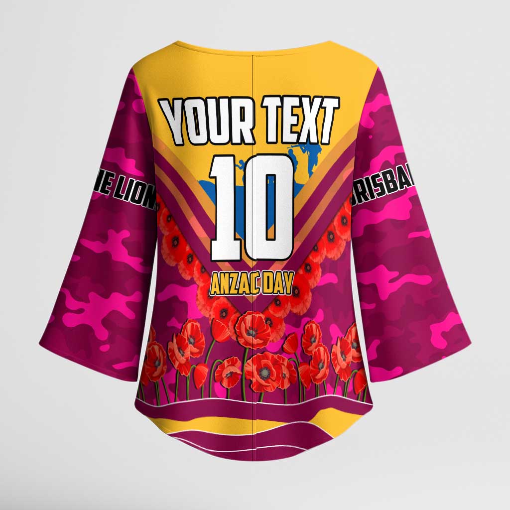 Personalised Brisbane Lions ANZAC Kimono Sleeve Blouse Military Remembrance Australian Football Mascot Camouflage