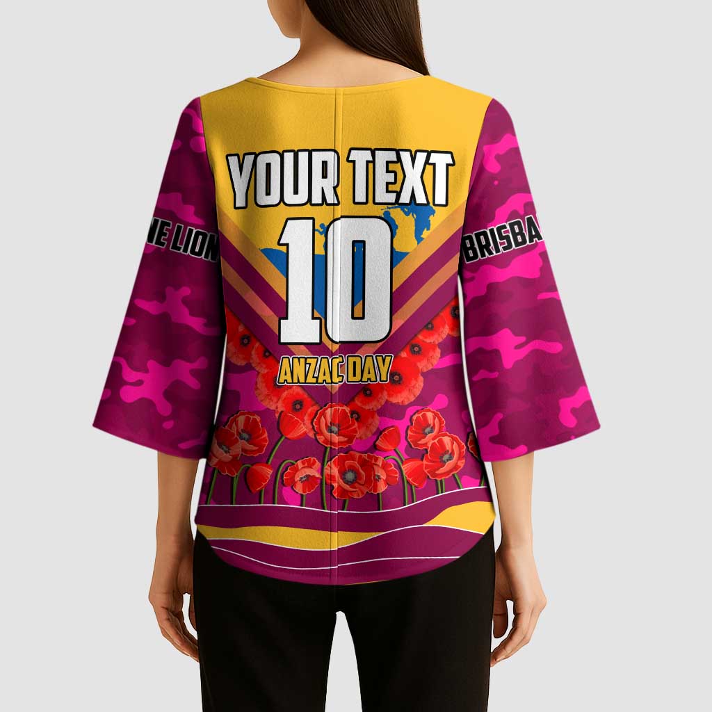 Personalised Brisbane Lions ANZAC Kimono Sleeve Blouse Military Remembrance Australian Football Mascot Camouflage