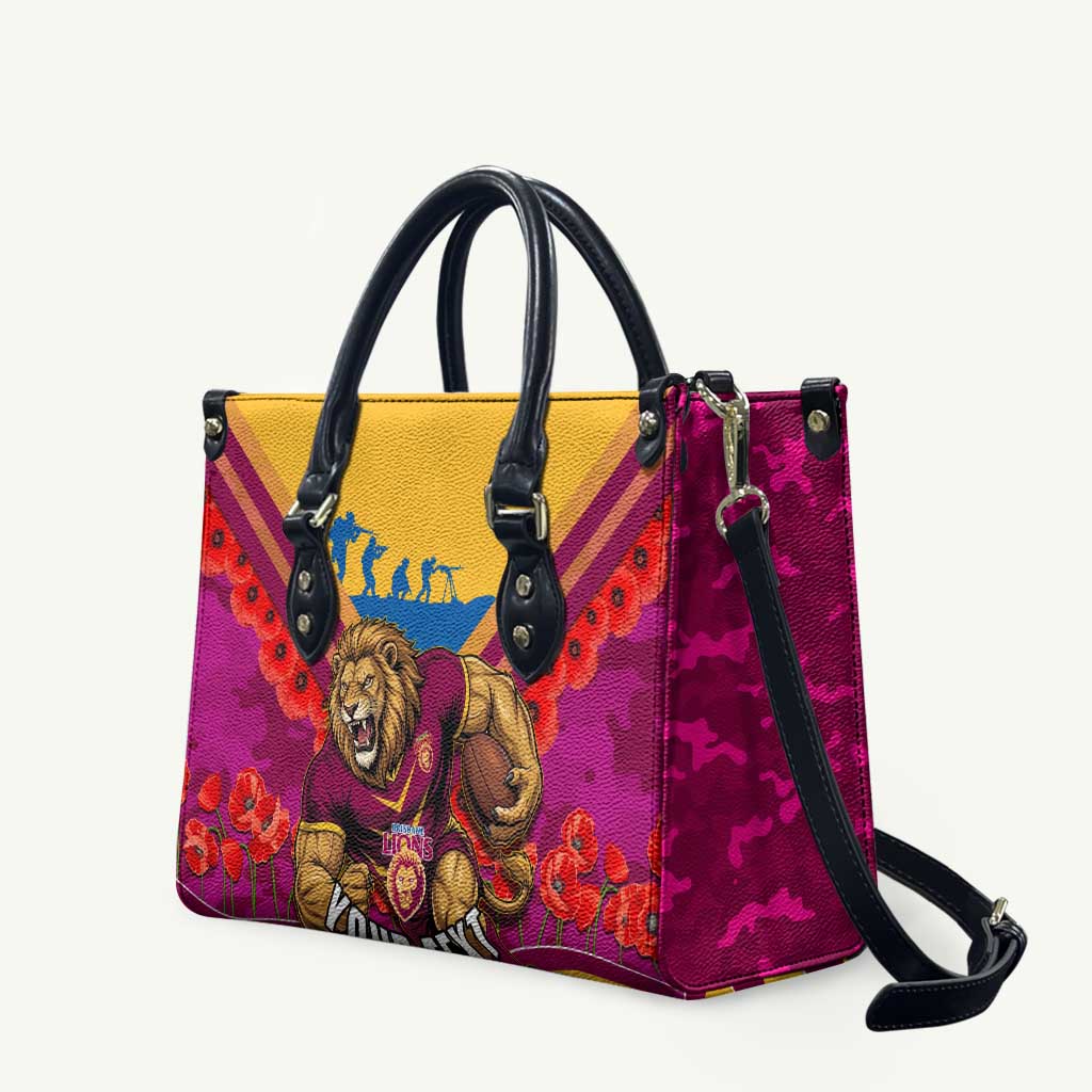 Personalised Brisbane Lions ANZAC Leather Bag Military Remembrance Australian Football Mascot Camouflage