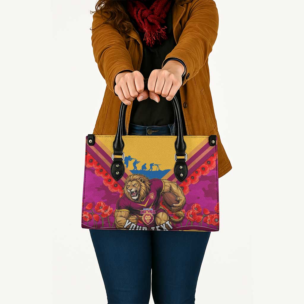 Personalised Brisbane Lions ANZAC Leather Bag Military Remembrance Australian Football Mascot Camouflage