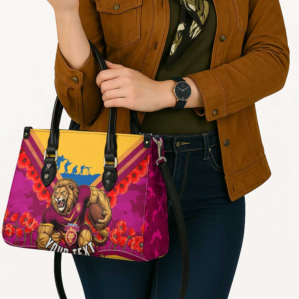 Personalised Brisbane Lions ANZAC Leather Bag Military Remembrance Australian Football Mascot Camouflage