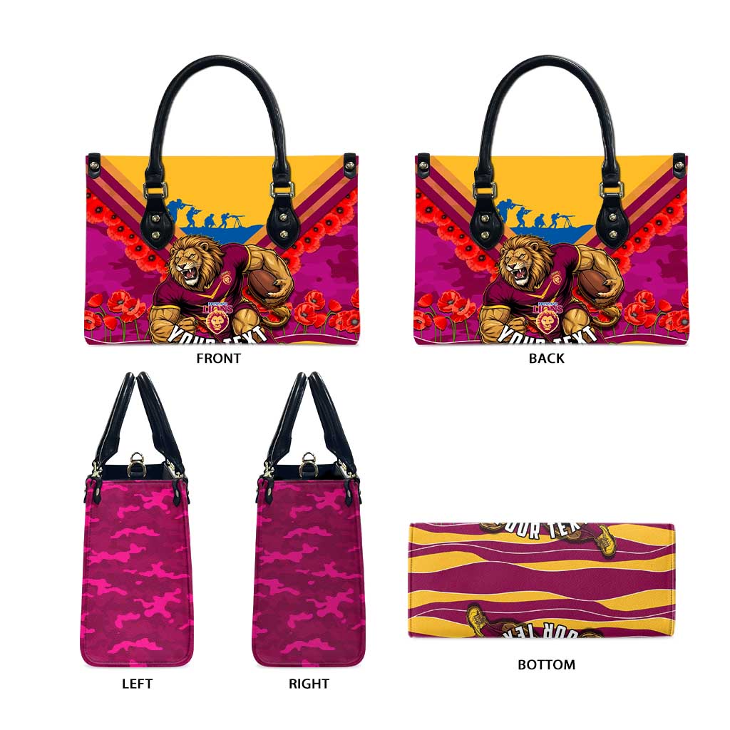 Personalised Brisbane Lions ANZAC Leather Bag Military Remembrance Australian Football Mascot Camouflage