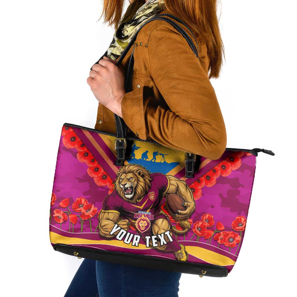 Personalised Brisbane Lions ANZAC Leather Tote Bag Military Remembrance Australian Football Mascot Camouflage