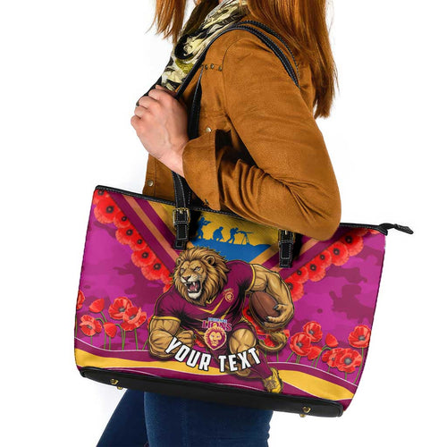 Personalised Brisbane Lions ANZAC Leather Tote Bag Military Remembrance Australian Football Mascot Camouflage