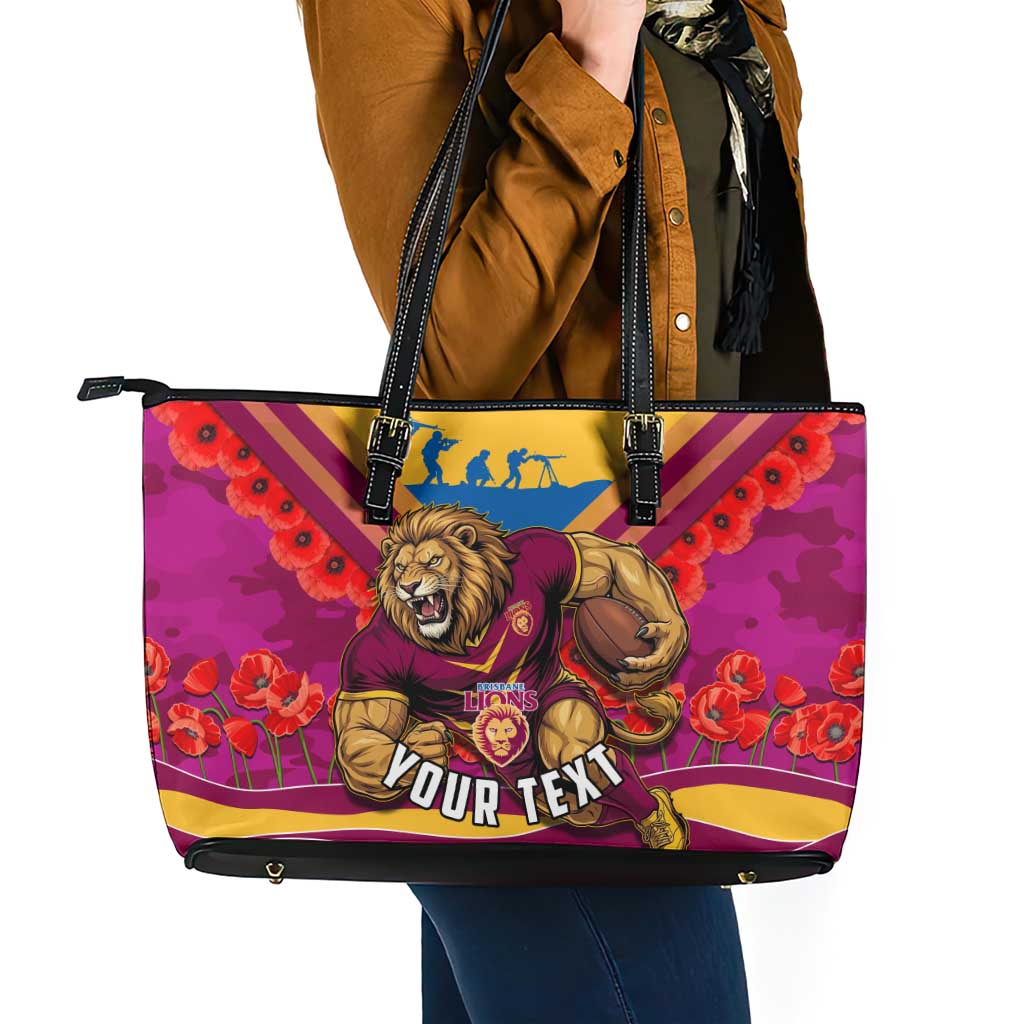 Personalised Brisbane Lions ANZAC Leather Tote Bag Military Remembrance Australian Football Mascot Camouflage