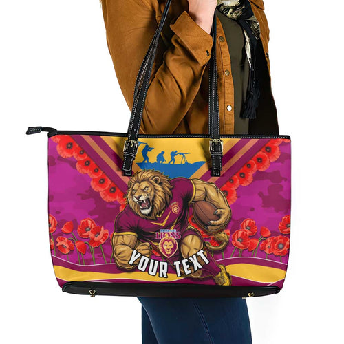 Personalised Brisbane Lions ANZAC Leather Tote Bag Military Remembrance Australian Football Mascot Camouflage