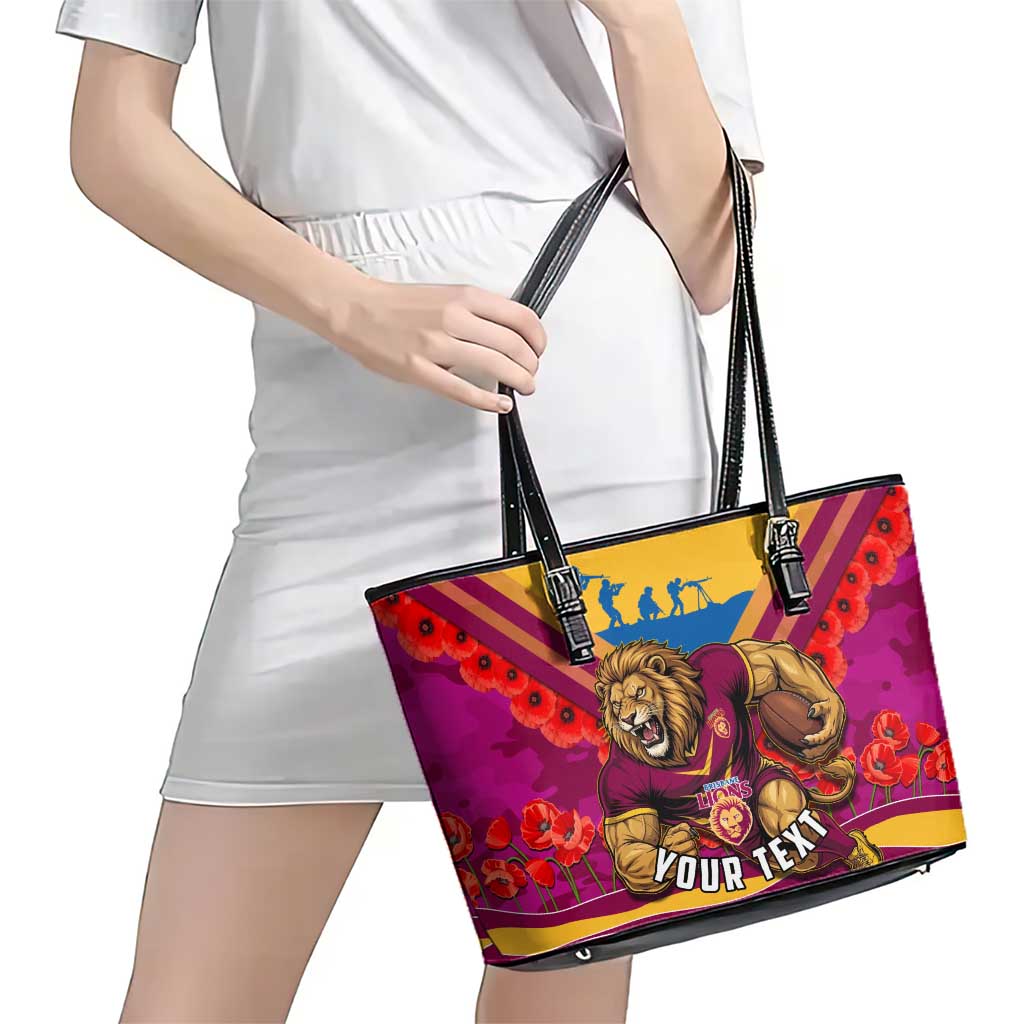 Personalised Brisbane Lions ANZAC Leather Tote Bag Military Remembrance Australian Football Mascot Camouflage