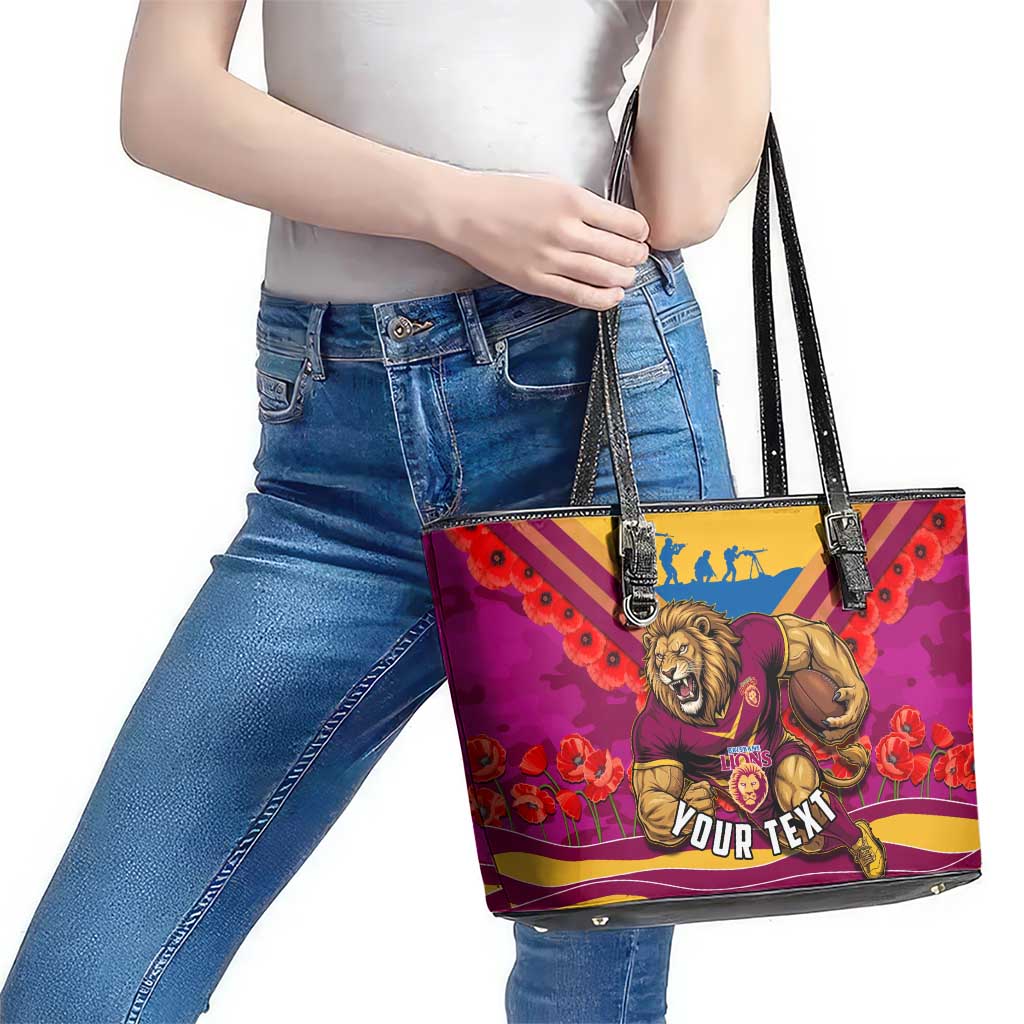 Personalised Brisbane Lions ANZAC Leather Tote Bag Military Remembrance Australian Football Mascot Camouflage