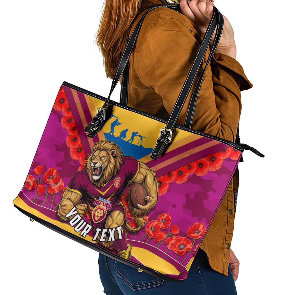 Personalised Brisbane Lions ANZAC Leather Tote Bag Military Remembrance Australian Football Mascot Camouflage