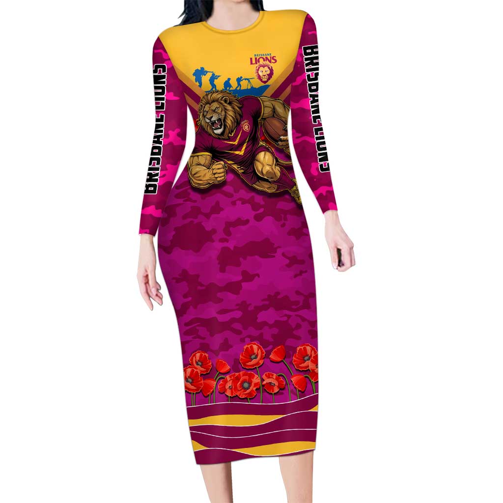 Personalised Brisbane Lions ANZAC Long Sleeve Bodycon Dress Military Remembrance Australian Football Mascot Camouflage