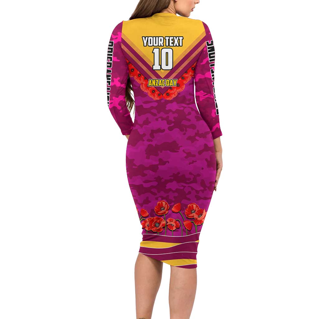 Personalised Brisbane Lions ANZAC Long Sleeve Bodycon Dress Military Remembrance Australian Football Mascot Camouflage