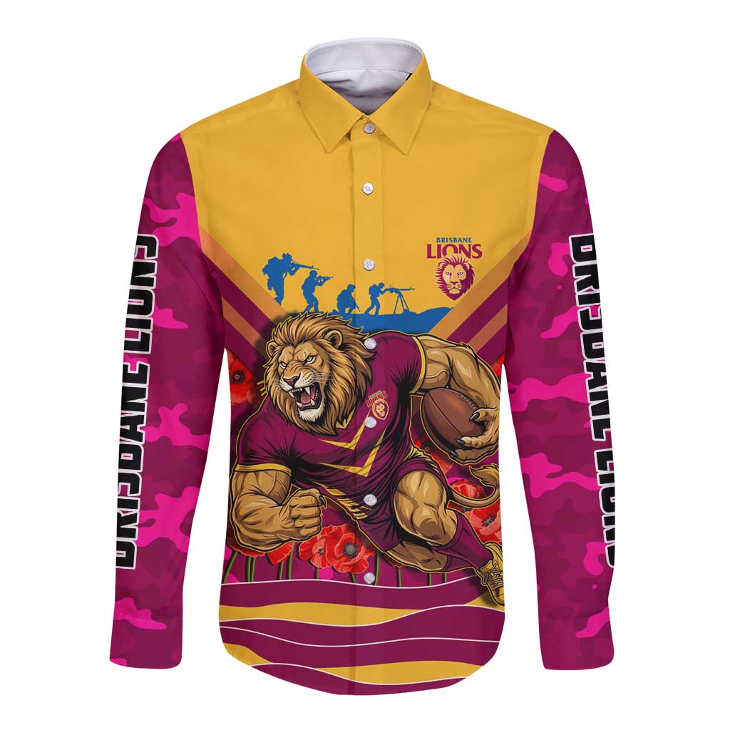 Personalised Brisbane Lions ANZAC Long Sleeve Button Shirt Military Remembrance Australian Football Mascot Camouflage