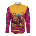 Personalised Brisbane Lions ANZAC Long Sleeve Button Shirt Military Remembrance Australian Football Mascot Camouflage