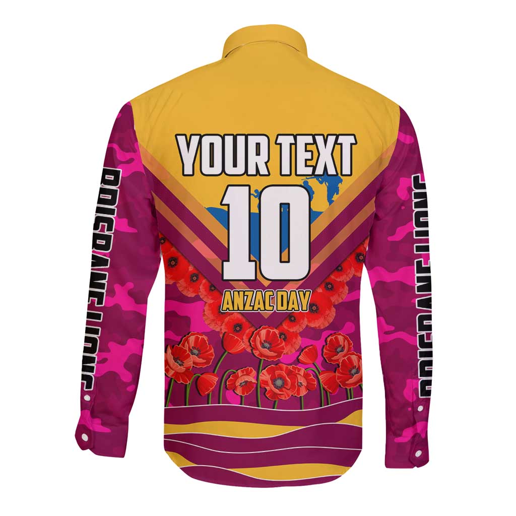 Personalised Brisbane Lions ANZAC Long Sleeve Button Shirt Military Remembrance Australian Football Mascot Camouflage