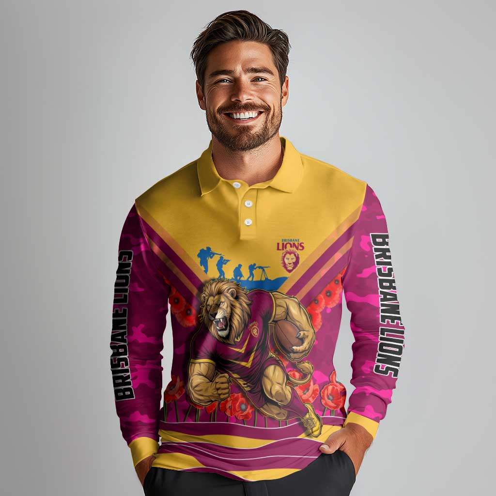 Personalised Brisbane Lions ANZAC Long Sleeve Polo Shirt Military Remembrance Australian Football Mascot Camouflage