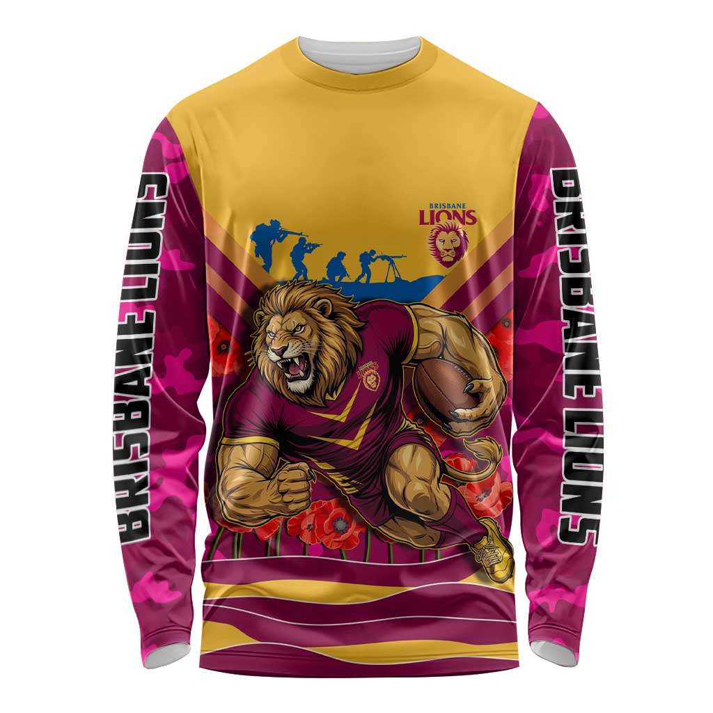 Personalised Brisbane Lions ANZAC Long Sleeve Shirt Military Remembrance Australian Football Mascot Camouflage