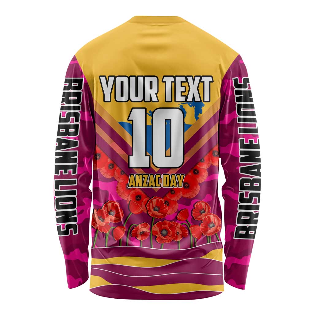 Personalised Brisbane Lions ANZAC Long Sleeve Shirt Military Remembrance Australian Football Mascot Camouflage