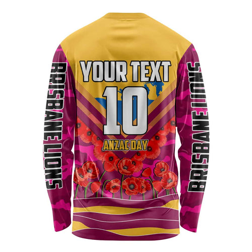 Personalised Brisbane Lions ANZAC Long Sleeve Shirt Military Remembrance Australian Football Mascot Camouflage