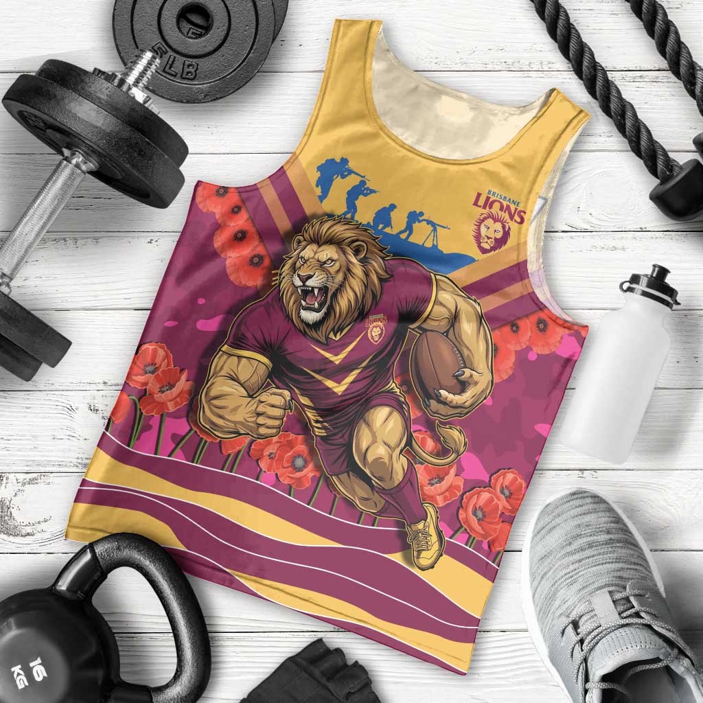 Personalised Brisbane Lions ANZAC Men Tank Top Military Remembrance Australian Football Mascot Camouflage