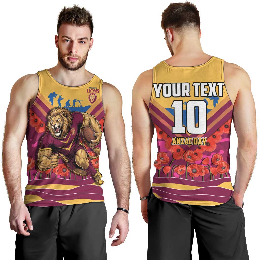 Personalised Brisbane Lions ANZAC Men Tank Top Military Remembrance Australian Football Mascot Camouflage