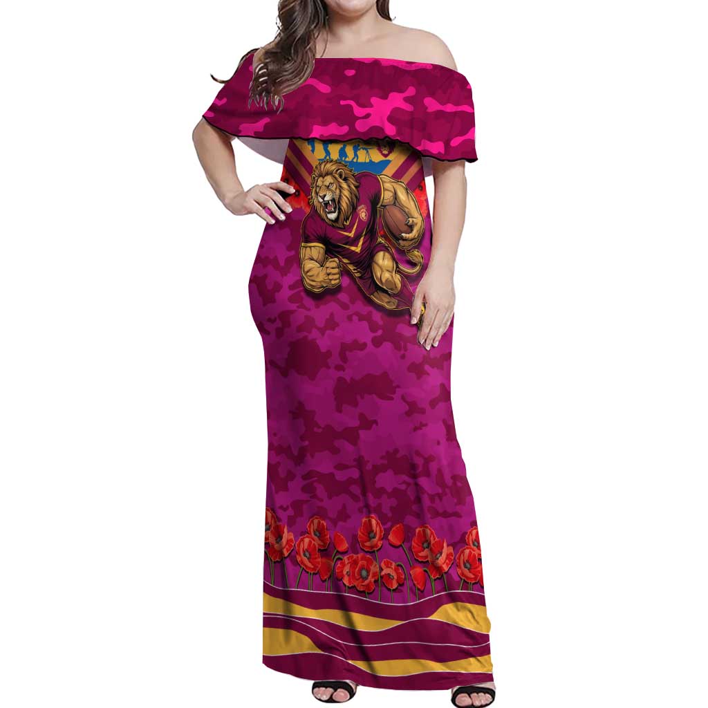 Personalised Brisbane Lions ANZAC Off Shoulder Maxi Dress Military Remembrance Australian Football Mascot Camouflage