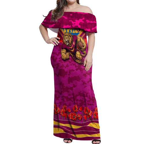 Personalised Brisbane Lions ANZAC Off Shoulder Maxi Dress Military Remembrance Australian Football Mascot Camouflage