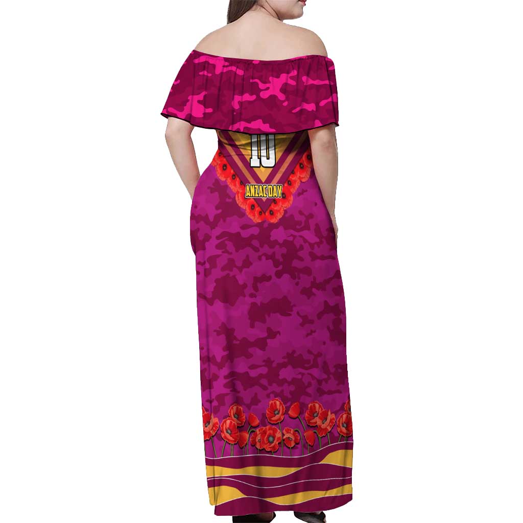 Personalised Brisbane Lions ANZAC Off Shoulder Maxi Dress Military Remembrance Australian Football Mascot Camouflage