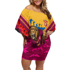 Personalised Brisbane Lions ANZAC Off Shoulder Short Dress Military Remembrance Australian Football Mascot Camouflage