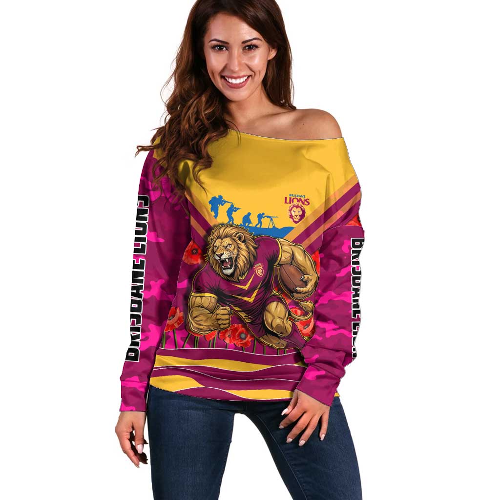 Personalised Brisbane Lions ANZAC Off Shoulder Sweater Military Remembrance Australian Football Mascot Camouflage