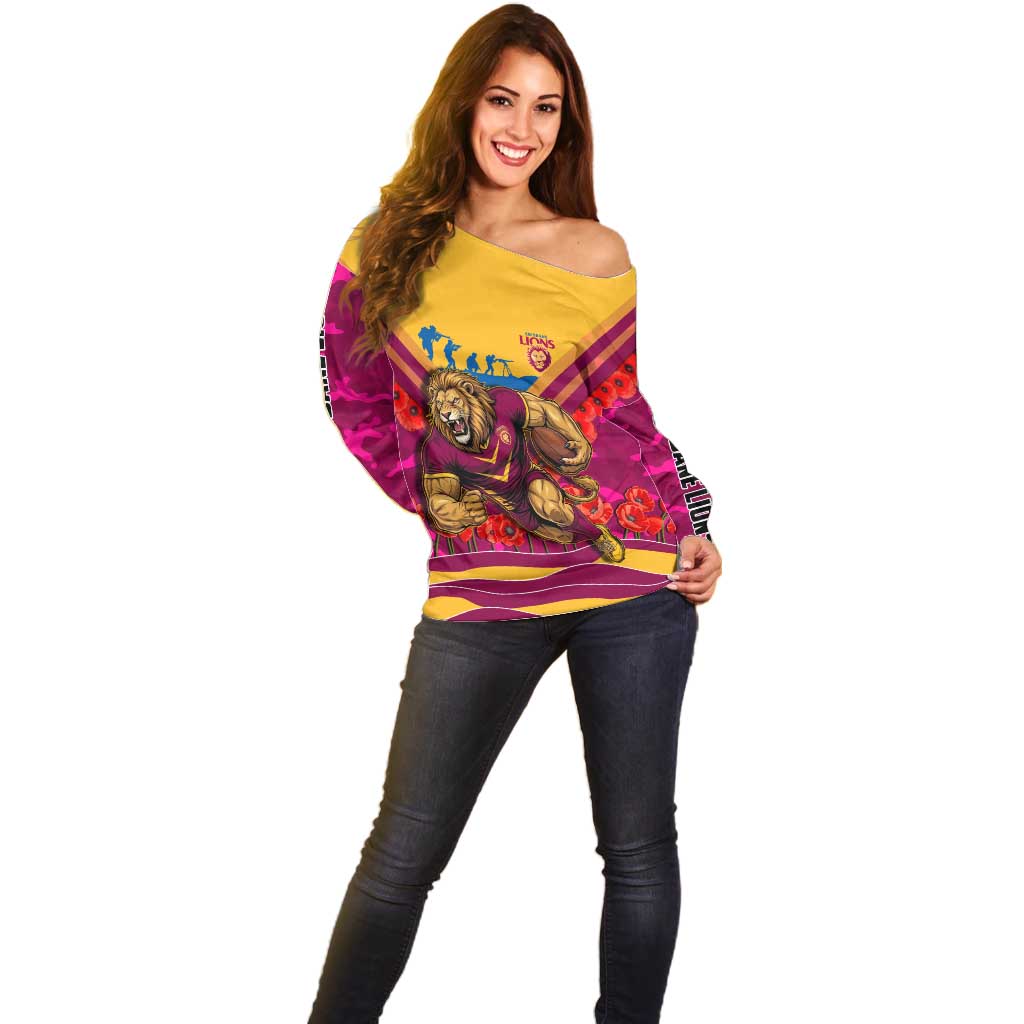 Personalised Brisbane Lions ANZAC Off Shoulder Sweater Military Remembrance Australian Football Mascot Camouflage