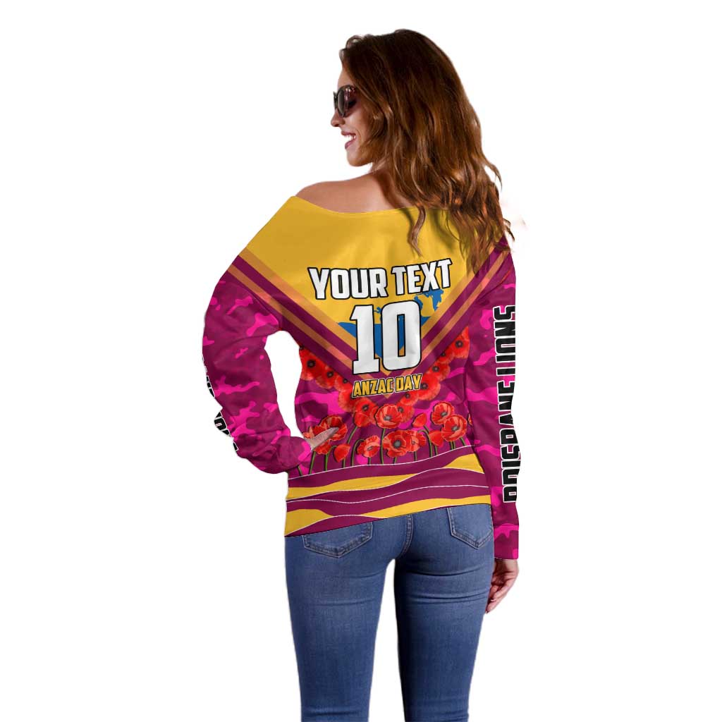 Personalised Brisbane Lions ANZAC Off Shoulder Sweater Military Remembrance Australian Football Mascot Camouflage