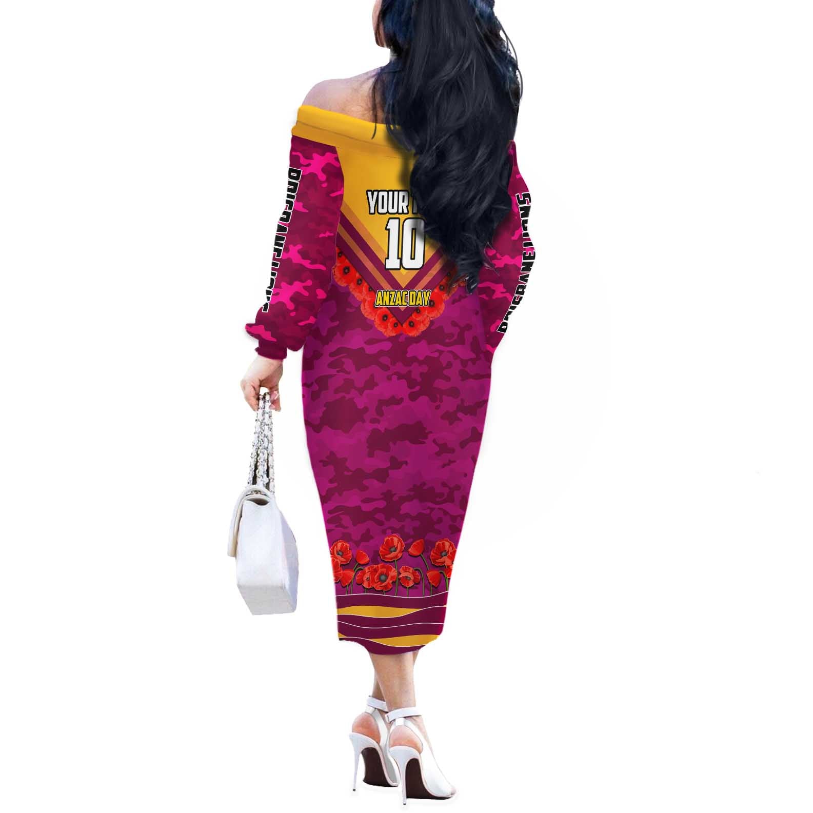Personalised Brisbane Lions ANZAC Off The Shoulder Long Sleeve Dress Military Remembrance Australian Football Mascot Camouflage