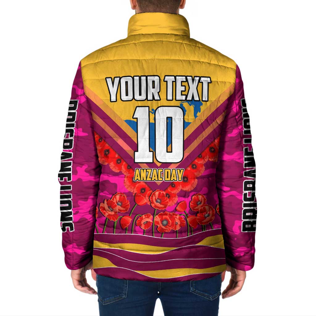Personalised Brisbane Lions ANZAC Padded Jacket Military Remembrance Australian Football Mascot Camouflage