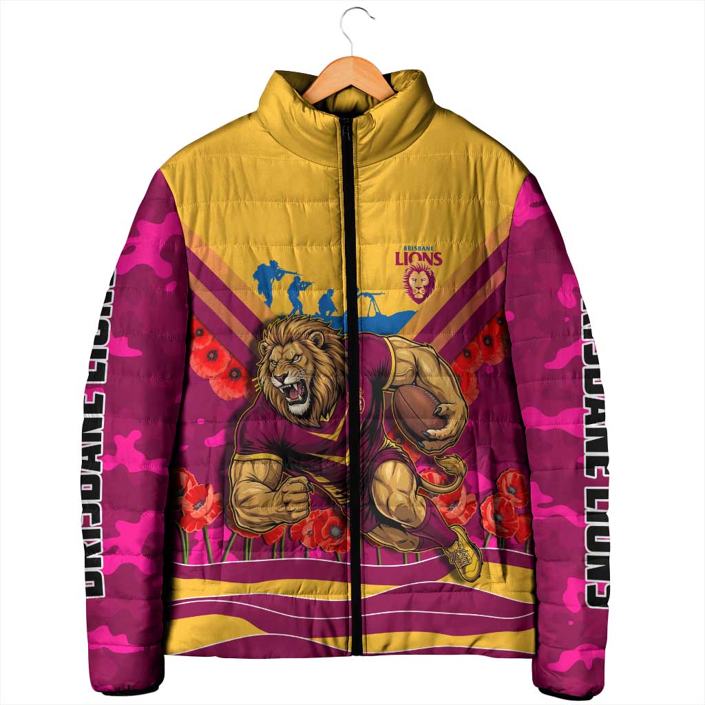 Personalised Brisbane Lions ANZAC Padded Jacket Military Remembrance Australian Football Mascot Camouflage