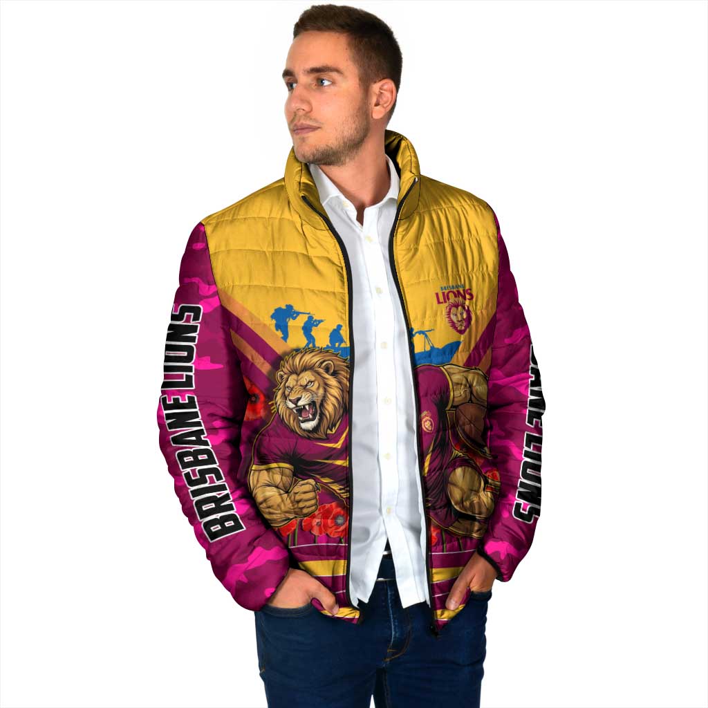 Personalised Brisbane Lions ANZAC Padded Jacket Military Remembrance Australian Football Mascot Camouflage