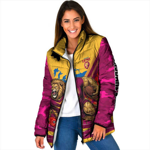 Personalised Brisbane Lions ANZAC Padded Jacket Military Remembrance Australian Football Mascot Camouflage
