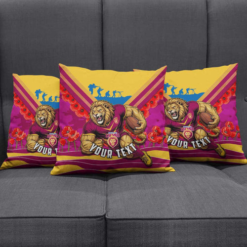 Personalised Brisbane Lions ANZAC Pillow Cover Military Remembrance Australian Football Mascot Camouflage
