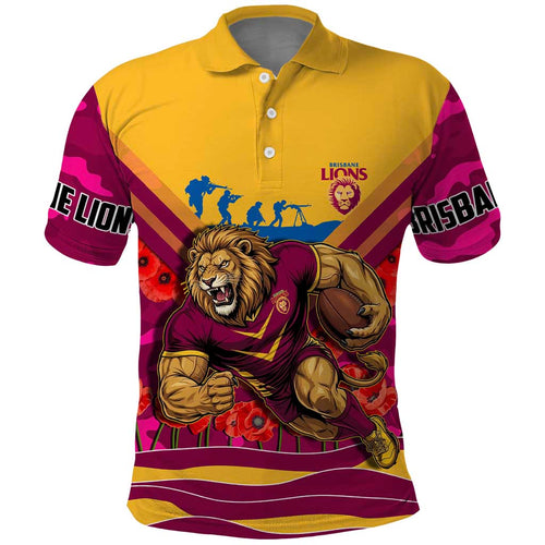 Personalised Brisbane Lions ANZAC Polo Shirt Military Remembrance Australian Football Mascot Camouflage