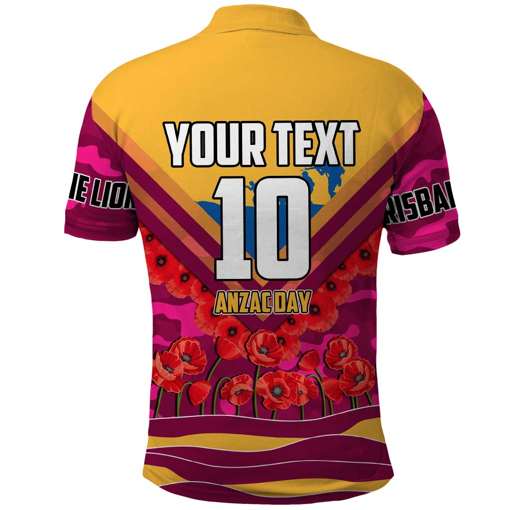Personalised Brisbane Lions ANZAC Polo Shirt Military Remembrance Australian Football Mascot Camouflage