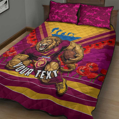 Personalised Brisbane Lions ANZAC Quilt Bed Set Military Remembrance Australian Football Mascot Camouflage